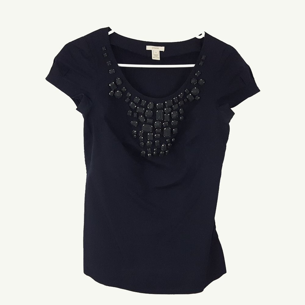 J.Crew Rhinestone Embellished Side Zip Blouse Navy Blue Size 0 Cap Sleeves